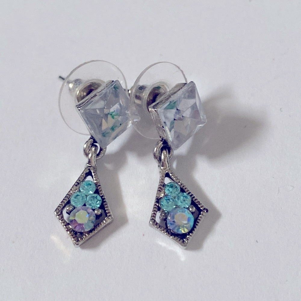 Vintage Diamond Shaped Blue Tone Crystal Dangle Stud Earrings